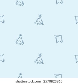 Simple black and white seamless pattern with holiday attributes, birthday, flags, birthday cap. Editable repeating background