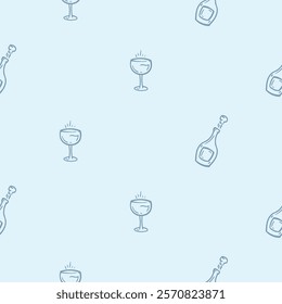 Simple black and white seamless pattern with holiday attribute, New Year, champagne, glass of wine. Editable repeating background