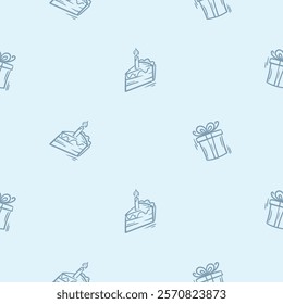 Simple black and white seamless pattern with holiday attributes, birthday, cake, gift. Editable repeating background for wrapping