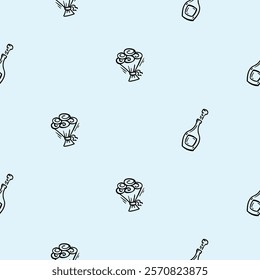 Simple black and white seamless pattern with holiday attributes, New Year, champagne, bouquet of flowers. Editable background