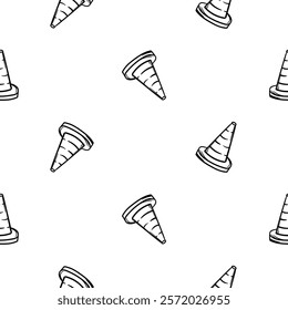 Simple black and white seamless pattern with cone icon for driving school. Endless vector background with automotive theme for decoration, wrapping paper, print, wall decoration