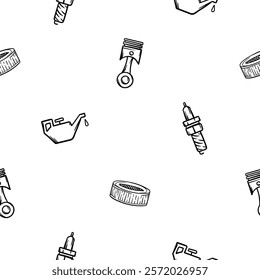 Simple black and white seamless pattern with car parts icons, filter, oil can, candle. piston Endless vector background with automotive theme for decoration, wrapping paper, print, wall decoration