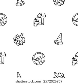 Simple black and white seamless pattern with car repair and maintenance icons, cone, steering wheel. Endless vector background with automotive theme for decoration, wrapping paper, print