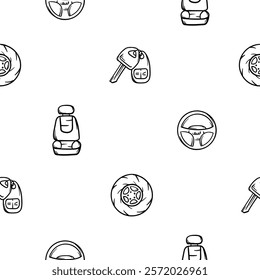 Simple black and white seamless pattern with icons of car seat, keys, steering wheel, wheel. Endless vector background with automotive theme for decoration, wrapping paper, print, wall decoration