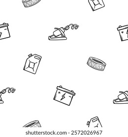 Simple black and white seamless pattern with car parts icons, pump, canister, filter, battery. Endless vector background with automotive theme for decoration, wrapping paper, print, wall decoration