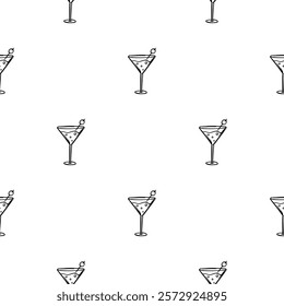 Simple black and white seamless pattern with martini glass. Vector background with a holiday theme for decoration, design, wrapping paper, print. Set of icons, signs, elements for endless background