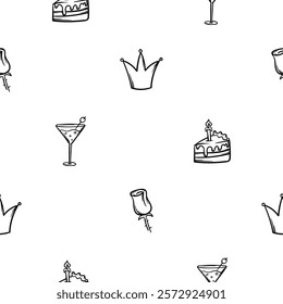 Simple black and white seamless pattern with birthday icons, birthday cake, crown, rose. Vector background with a holiday theme for decoration, design, wrapping paper, print. Set of repeating icons