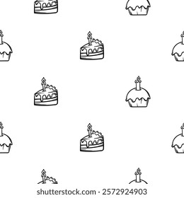 Simple black and white seamless pattern with birthday icons, birthday cake, candle. Vector background with a holiday theme for decoration, design, wrapping paper, print. Set of repeating icons, signs