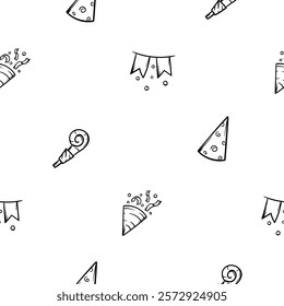 Simple black and white seamless pattern with party icons, cap, flags, fireworks. Vector background with a holiday theme for decoration, design, wrapping paper, print. Set of repeating icons, signs