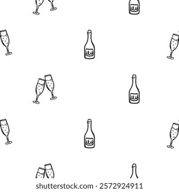 Simple black and white seamless pattern with holiday icons of champagne bottle and glasses. Vector background with a holiday theme for decoration, design, wrapping paper, print