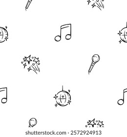 Simple black and white seamless pattern with party icons, microphone, disco ball, notes. Vector background with a holiday theme for decoration, design, wrapping paper, print