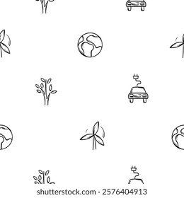 A simple black and white seamless pattern on ecology, environment, global warming. Editable vector background with icons of planet, tree, electric car, wind farm. Print for wrapping paper, decoration