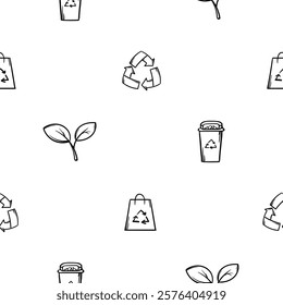 A simple black and white seamless pattern on ecology, environment, global warming. Editable vector background with icons of leaves, recycling sign, garbage. Print for wrapping paper, decoration