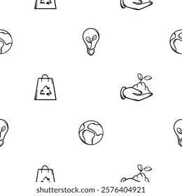 Simple black and white seamless pattern on ecology, environment, global warming. Editable vector background with light bulb, planet, recycling sign icons. Print for wrapping paper, decoration