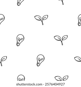 A simple black and white seamless pattern on ecology, environment, global warming. Editable vector background with lamp and plant icons. Print for wrapping paper, decoration