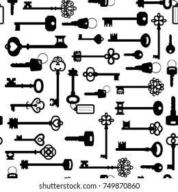 Simple black and white seamless pattern with different keys silhouettes, vector illustration