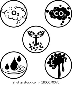 Simple black and white set with nature elements. Five round flat vector signs with oxygen, carbon dioxide, sprout, water and mud