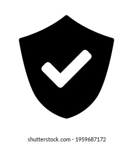Simple Black and White Shield Defence Icon with Checkmark Sign. Vector Image.