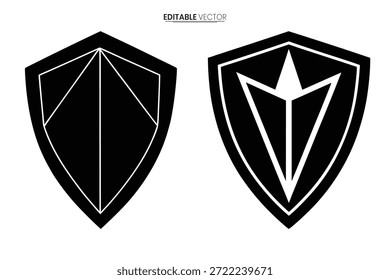Designs simples de escudo preto e branco com elementos triangulares, ideais para logotipos ou emblemas.