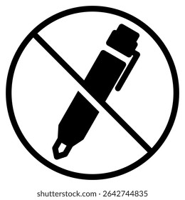 A simple black and white sign showing a writing instrument inside a crossed-out circle which means it is forbidden to write here and can be used for rules or prohibition concepts.