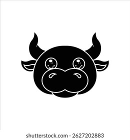 A simple black and white silhouette of an animal head icon featuring a bull. Perfect for children's content, educational materials, and sticker sets.