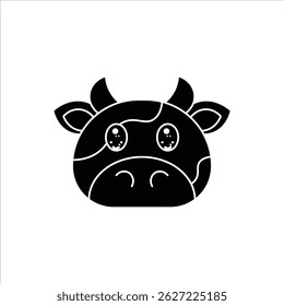 A simple black and white silhouette of an animal head icon featuring a cow. Perfect for children's content, educational materials, and sticker sets.