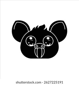 A simple black and white silhouette of an animal head icon featuring a bat. Perfect for children's content, educational materials, and sticker sets.