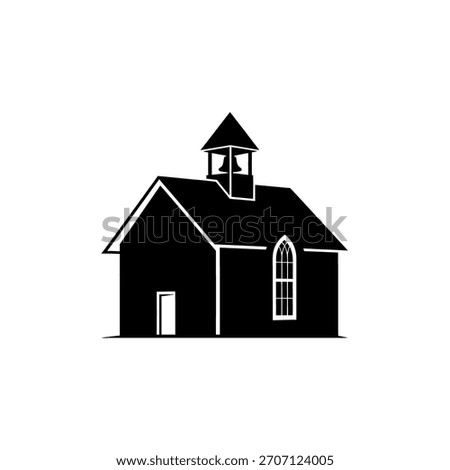 A simple black and white silhouette of a classic one-room schoolhouse with a bell tower.