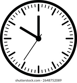 Uma silhueta simples em preto e branco de um relógio. A mão da hora aponta para dez, e a mão do minuto aponta para dez, indicando dez minutos para dez. Isolado em um fundo branco.