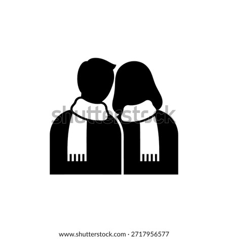 A simple black and white silhouette of a couple wearing scarves, representing warmth and togetherness.