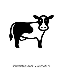A simple, black and white silhouette of a cow, facing forward. The cow is stylized, with minimal detail, suitable for icons or logos.