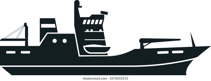 Simple black and white silhouette depicting a military patrol boat navigating the ocean, equipped with a crane, radar, and various essential maritime tools