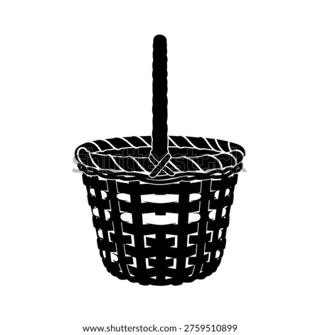 A simple black and white silhouette of an empty woven basket featuring a sturdy handle, isolated on a white background.