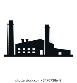 A simple black and white silhouette of a factory building with tall smokestacks.