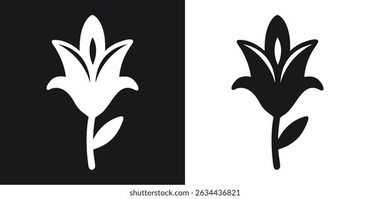 Simple black and white silhouette of a floral lily flower on a two-tone background