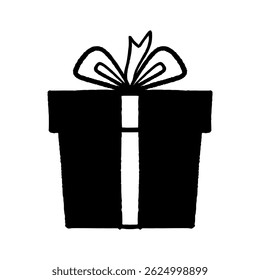A simple black and white silhouette of a gift box tied with a ribbon. Ideal for graphic design, holiday themes, and celebratory concepts.
