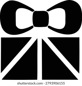 Simple black and white silhouette of a gift box with a bow. This clean and elegant graphic design is suitable for holidays, celebrations, and special occasions.