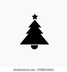 Simple black and white silhouette icon of a Christmas tree decorated with a star on top. Ideal for holiday designs and winter-themed graphics.