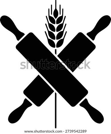 A simple black and white silhouette icon featuring two crossed rolling pins over a vertical stalk of wheat. This graphic represents baking, cooking, and the bakery industry.