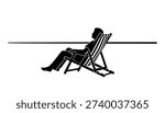 A simple black and white silhouette illustration of a person resting comfortably in a classic striped deck chair, viewed from the side.