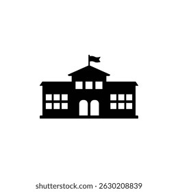 Simple black and white silhouette illustration of a school building with a flag on top