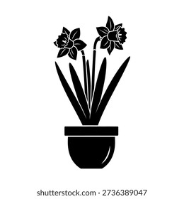 A simple black and white silhouette illustration of daffodil flowers growing in a pot, representing spring and gardening.