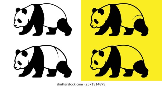 Simple black and white silhouette illustrations of a panda bear walking, set against a white and a yellow background.