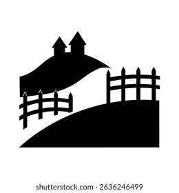 Simple black and white silhouette of landscape featuring fences hills and two small houses on the horizon