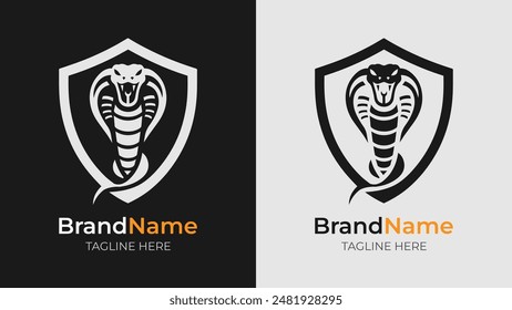 A simple black and white silhouette logo of an angry front-facing king cobra, mouth open showing fangs and protruding tongue, within a shield