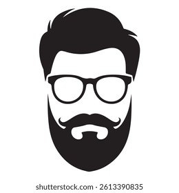 A simple, black and white silhouette of a man with trendy hair, glasses, and a full beard.