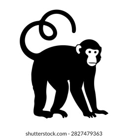 Simple black and white silhouette of a monkey standing and looking forward, emphasizing its tail and facial features in a minimalistic style.