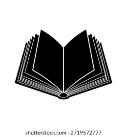 Una simple silueta en blanco y negro de un libro abierto, que representa el conocimiento y el aprendizaje.