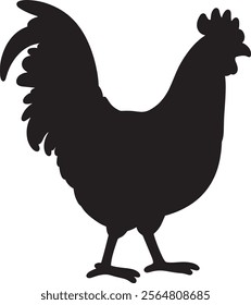 Simple black and white silhouette of a rooster, perfect for logos, illustrations, or décor. Captures the iconic red-combed bird known for its loud crowing. 