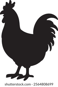 Simple black and white silhouette of a rooster, perfect for logos, illustrations, or décor. Captures the iconic red-combed bird known for its loud crowing. 